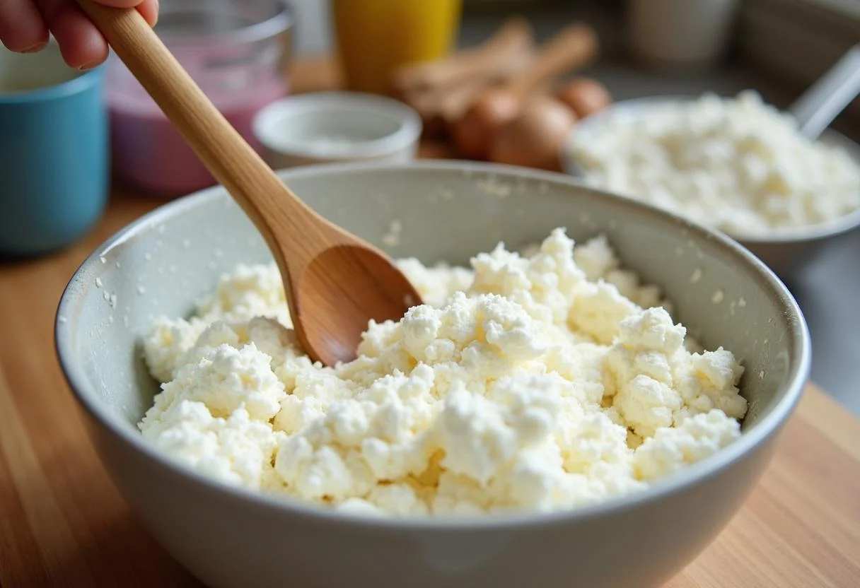 Mistura de queijo magro caseiro com queijo cottage em uma tigela na cozinha.