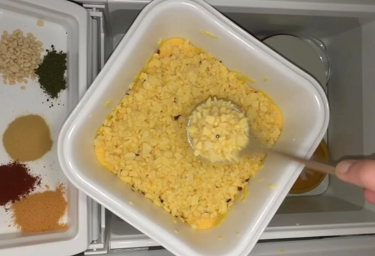Mistura de queijo magro sendo armazenada na geladeira para esfriar e firmar.