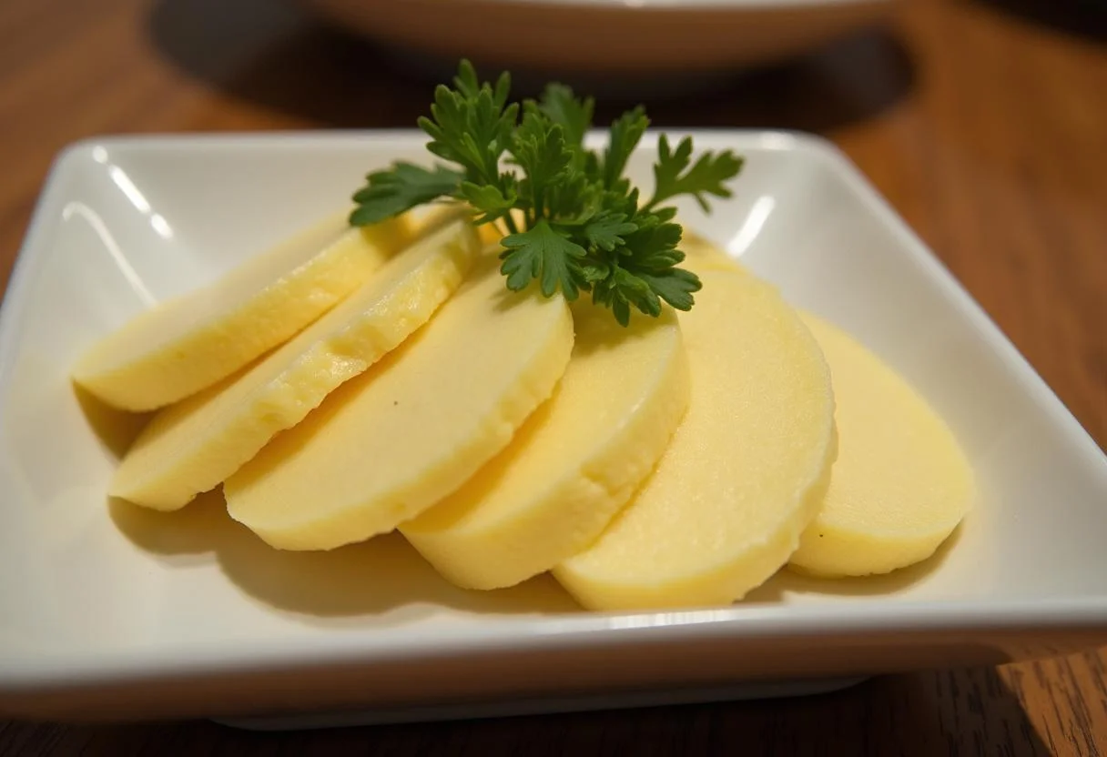 Queijo meia cura fatiado servido fresco, ideal para saborear e compartilhar.