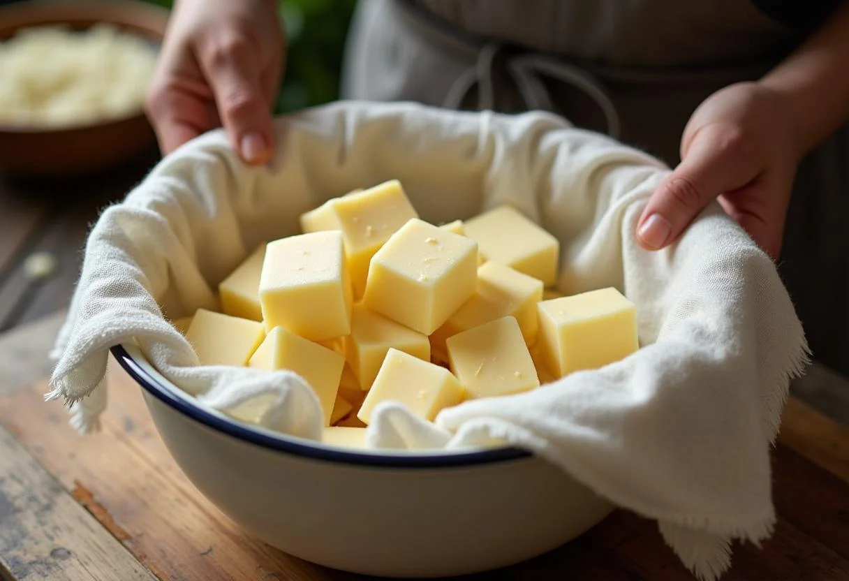 Coalhos de queijo meia cura sendo drenados, destacando o processo de fazer queijo meia cura.