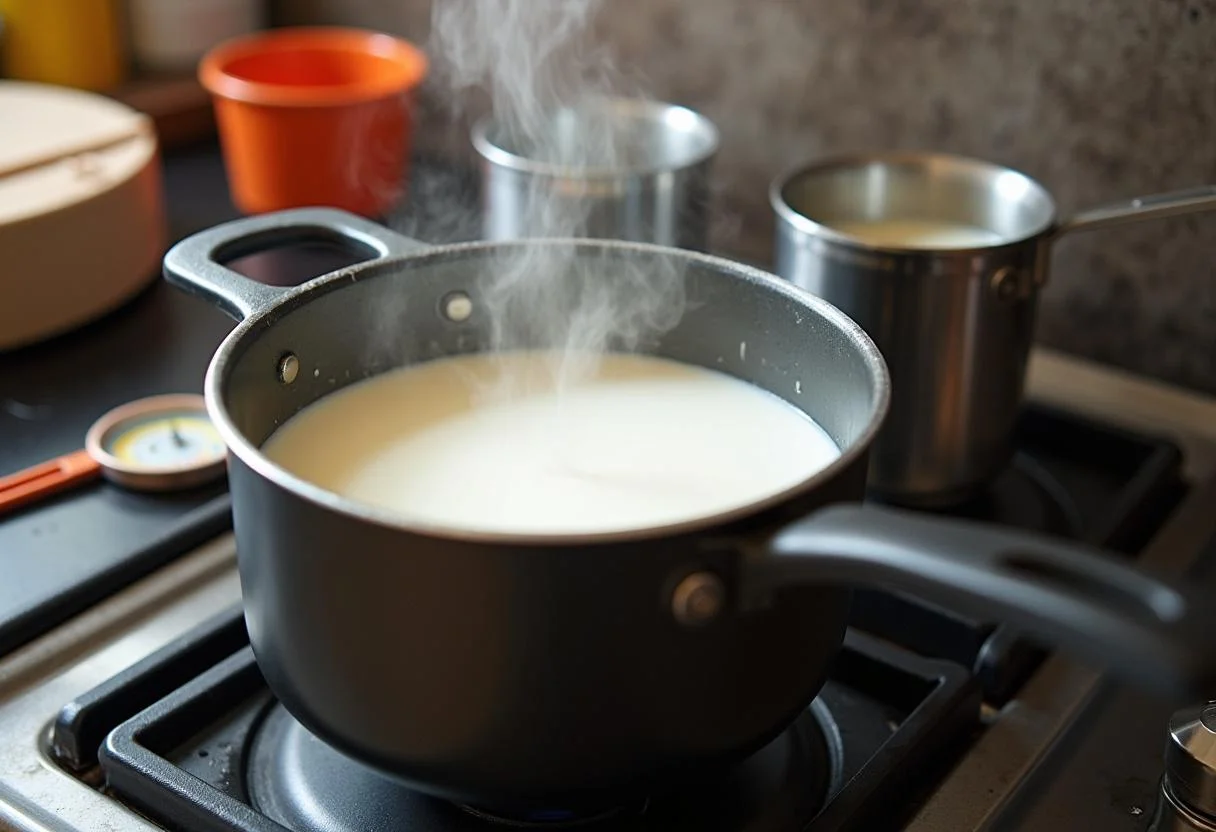 Aquecendo o leite para queijo meia cura, essencial para preparar meia cura queijo.