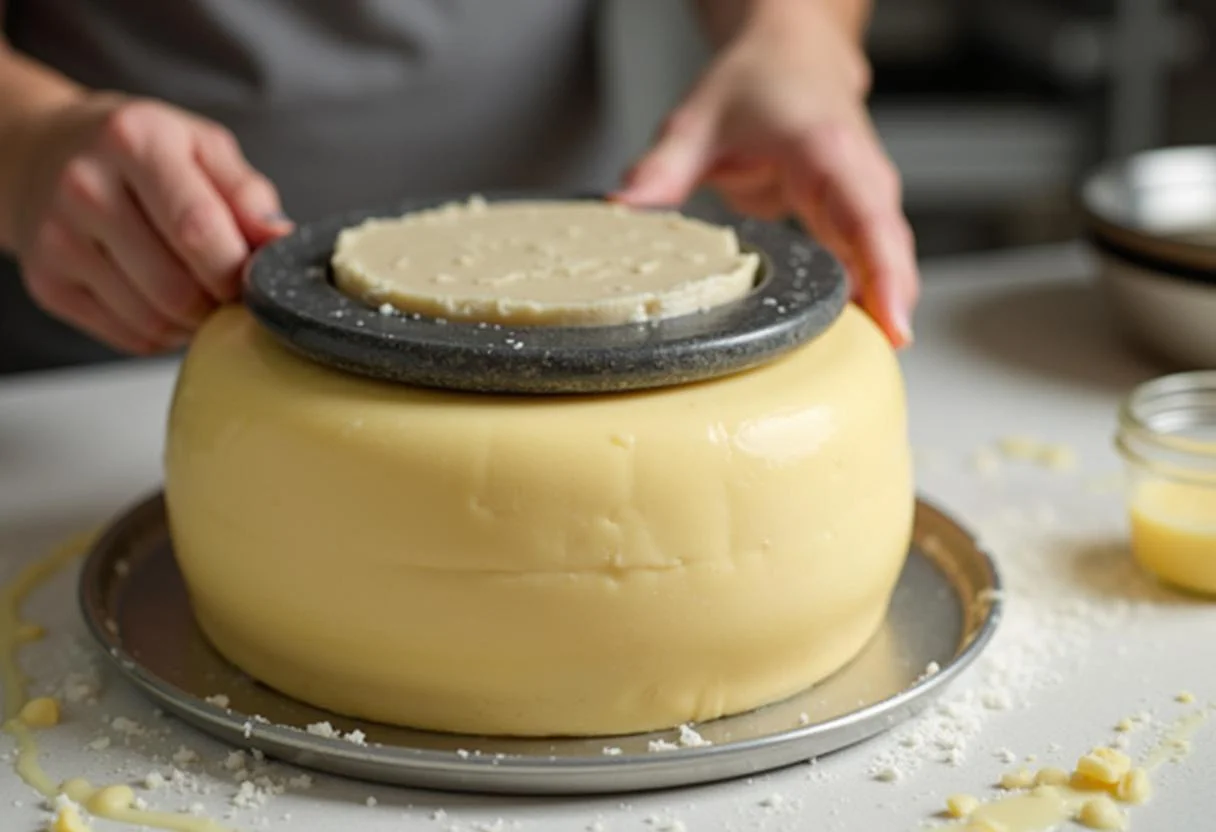 Pressionando queijo meia cura na forma, uma técnica importante para modelar meia cura queijo.