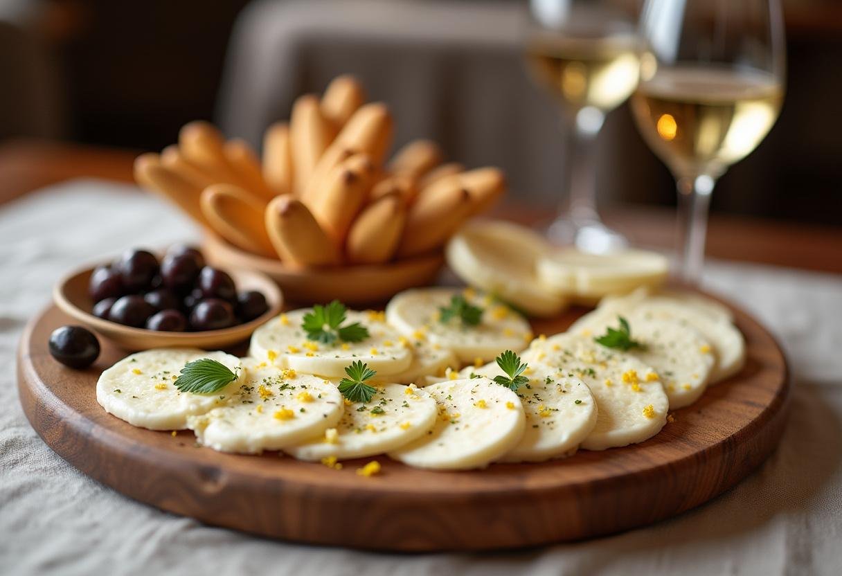 Prato final com queijo mussarela fatiado e acompanhamentos, ideal para festas e eventos, mostrando o preço do queijo mussarela.