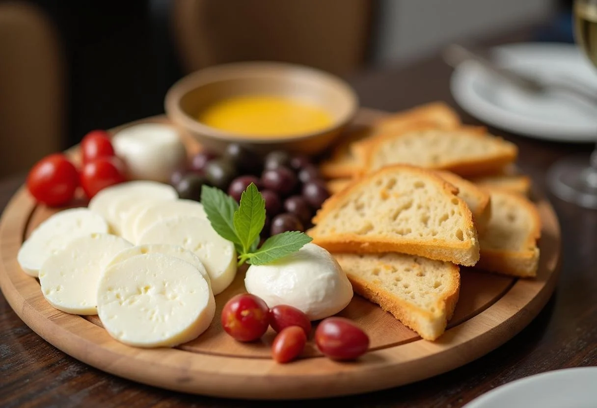 Prato final com queijo mussarela fatiado e acompanhamentos, ideal para festas e eventos, mostrando o preço do queijo mussarela.