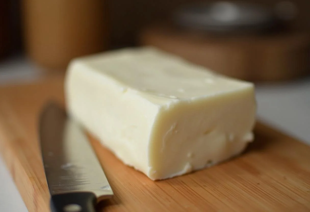 Bloquinho de queijo mussarela fresco pronto para ser fatiado, mostrando o preço do queijo mussarela na embalagem.