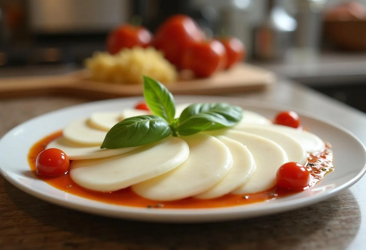 Fatias de queijo mussarela dispostas em uma travessa com tomate cereja e manjericão, destacando o preço do queijo mussarela.