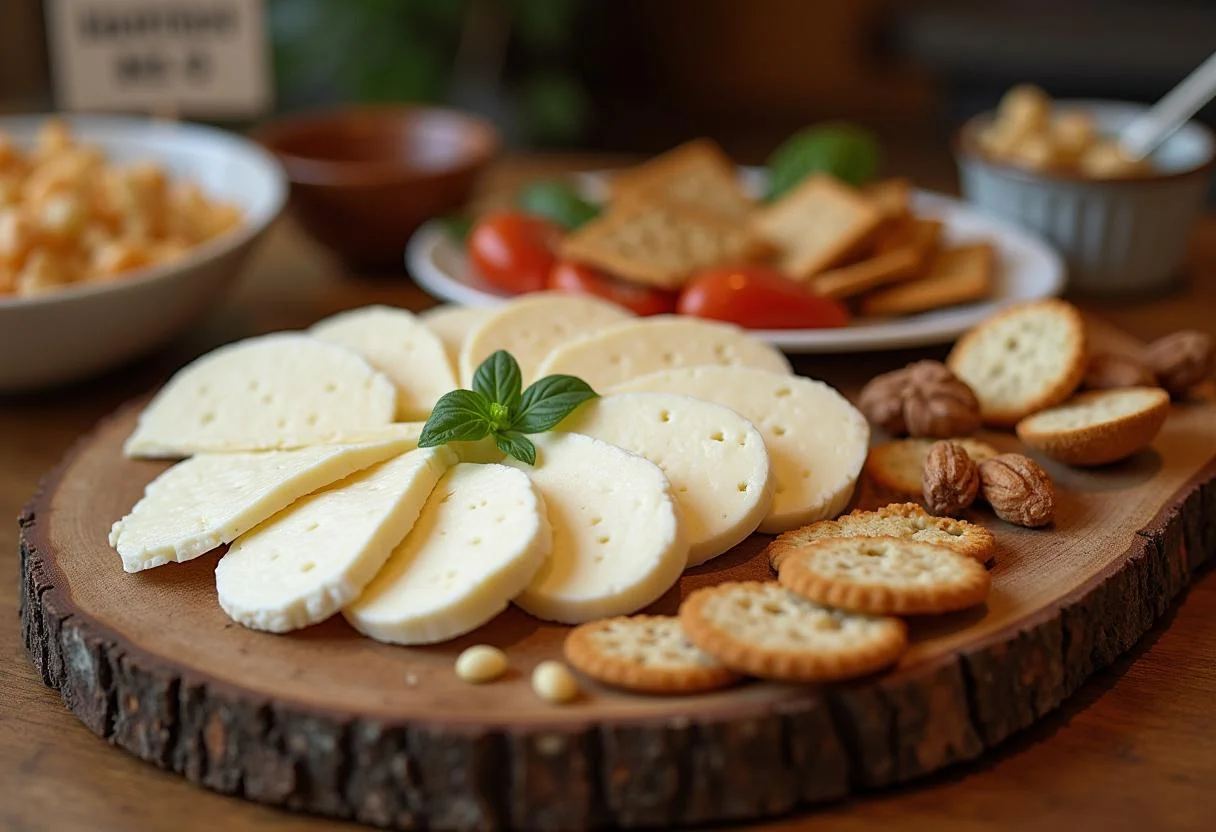 Tabua de queijos com fatias de mussarela e informações de preço, perfeita para servir como aperitivo.