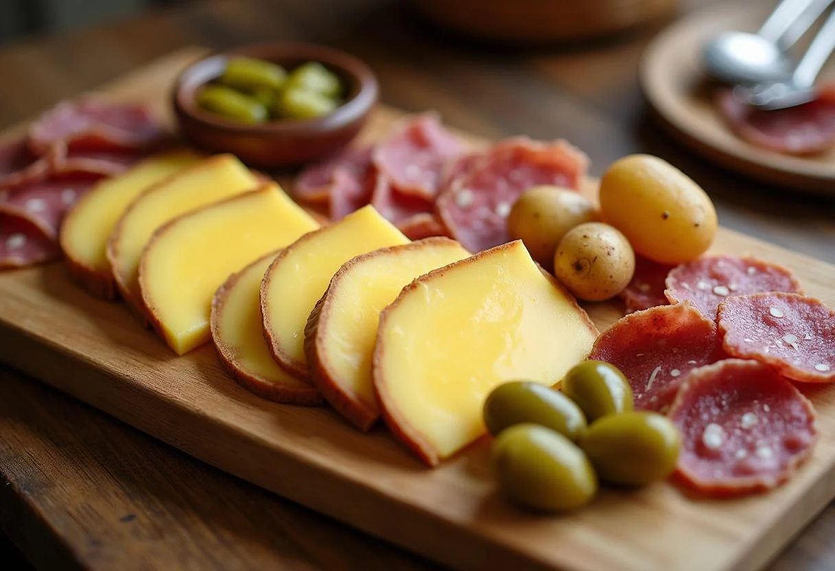 Fatias deliciosas de queijo raclette sobre uma tábua de madeira com acompanhamentos como batatas e picles para Queijo Raclette Derretido.