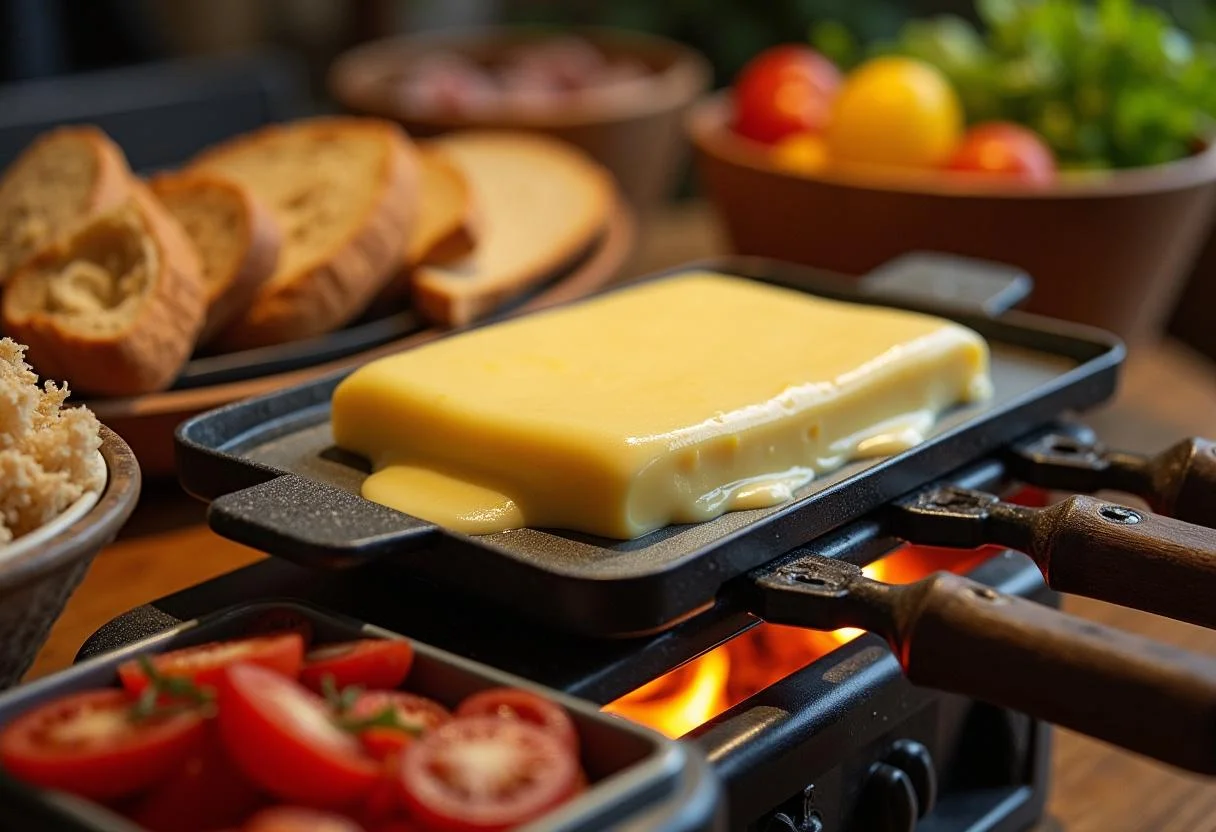Queijo raclette derretendo em uma grelha, perfeito para criar o tradicional prato de Queijo Raclette Derretido.