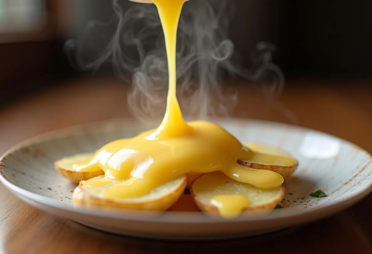 Queijo raclette derretido sendo regado sobre as batatas, exibindo um prato de Queijo Raclette Derretido de dar água na boca.
