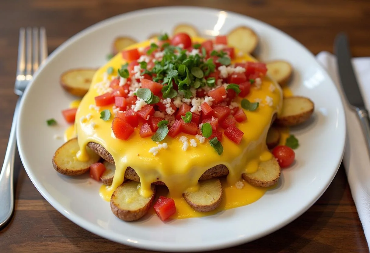 Queijo Raclette Derretido deliciosamente apresentado, exibindo queijo derretido e decorações para uma apresentação atraente.