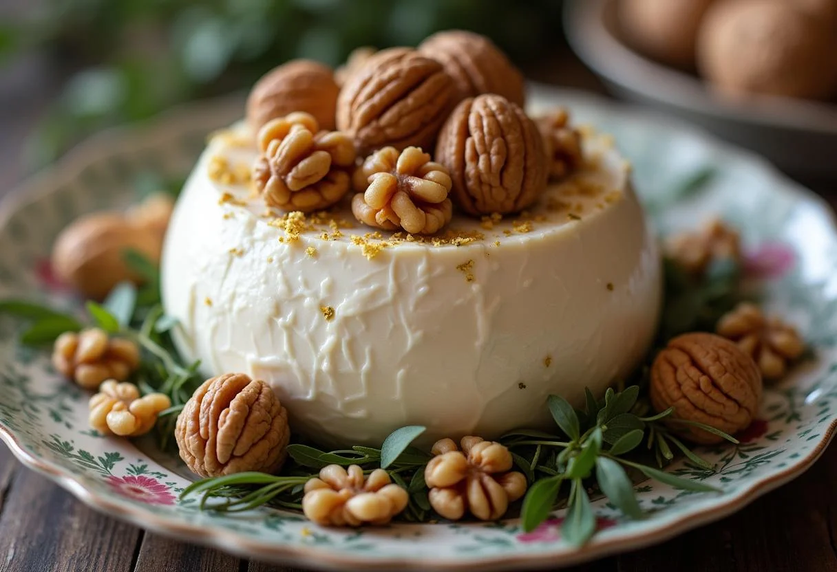 Finished Santo Casamenteiro cheese garnished with walnuts, perfect for a gourmet cheese platter.