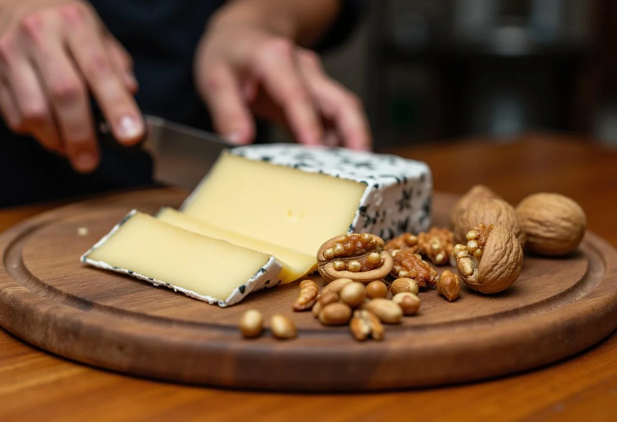 Sliced Santo Casamenteiro cheese on a rustic cheese board, showcasing its artisanal quality with walnuts nearby.