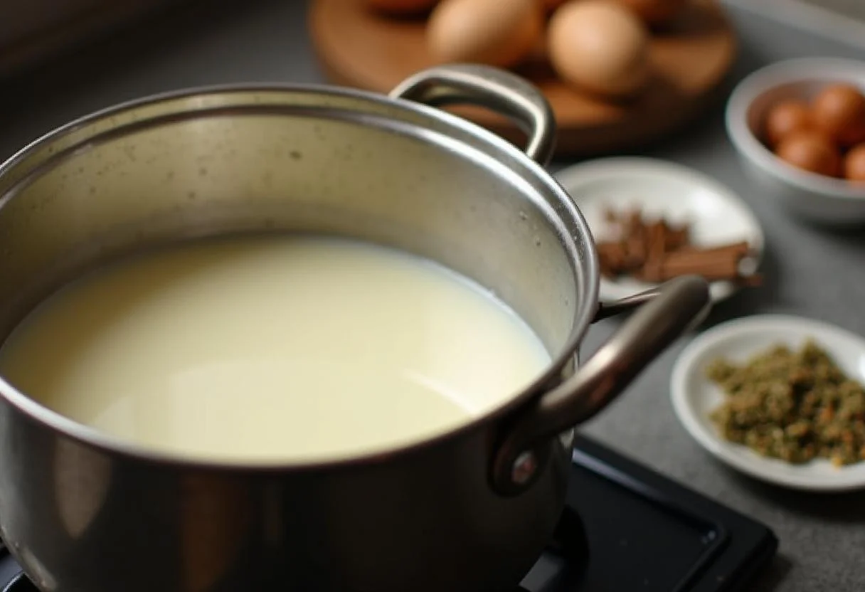 Pot of milk simmering on the stove to prepare artisanal Santo Casamenteiro cheese.