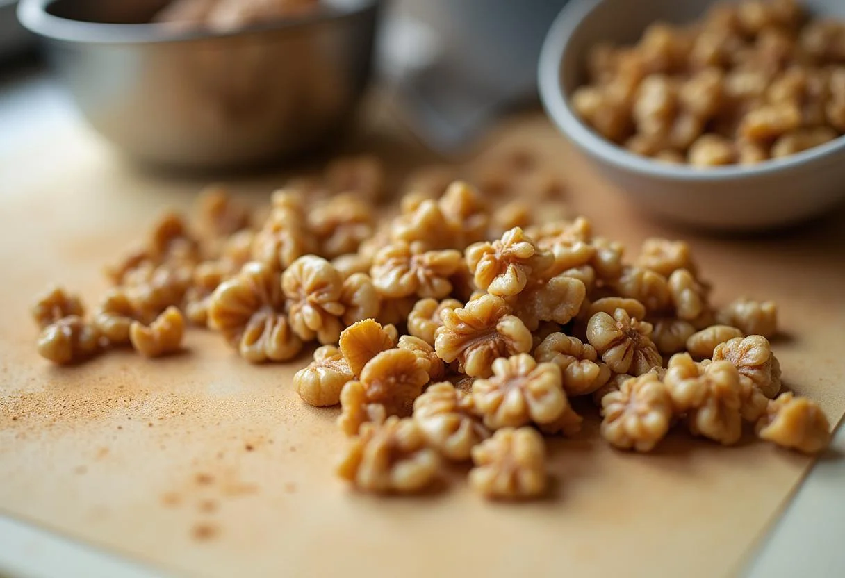 Chopped walnuts being prepared for adding to Santo Casamenteiro cheese for enhanced flavor.