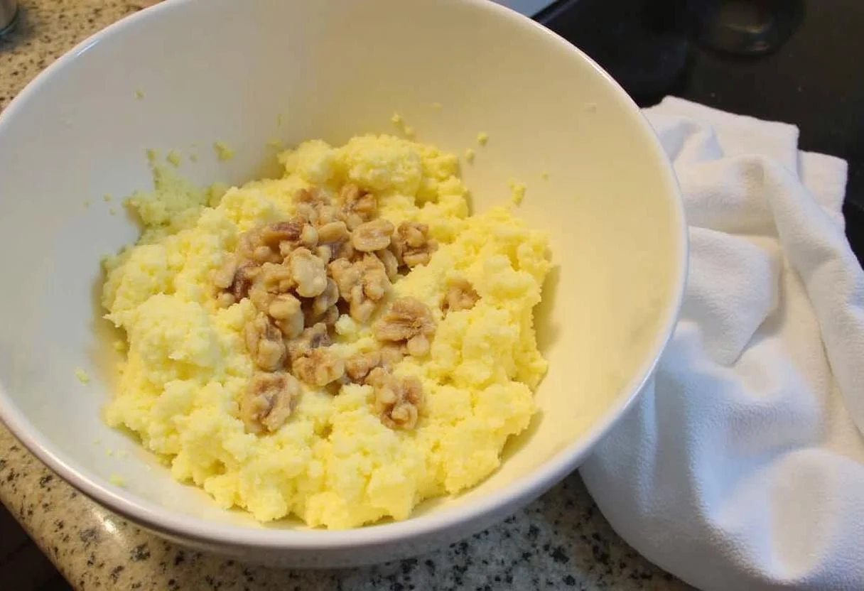 Prepared Santo Casamenteiro cheese mixture with chopped walnuts ready for shaping into a ball.