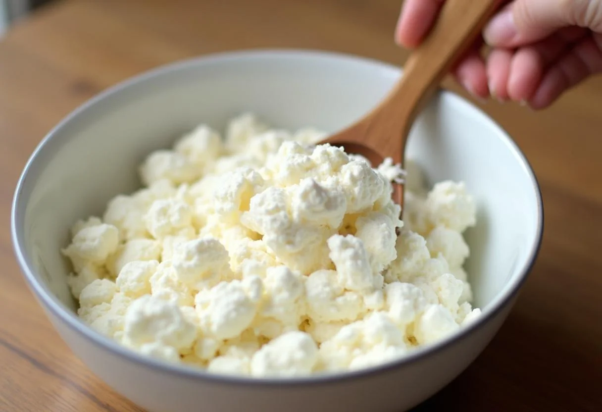Mistura de queijo tipo cottage fresca sendo mexida para fazer queijo tipo cottage caseiro light salgado.