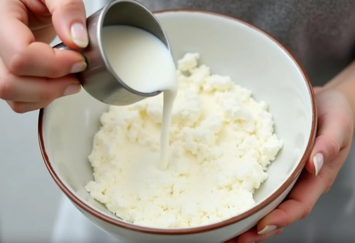 Adicionando leite desnatado ao queijo cottage para preparar queijo tipo cottage caseiro light salgado.