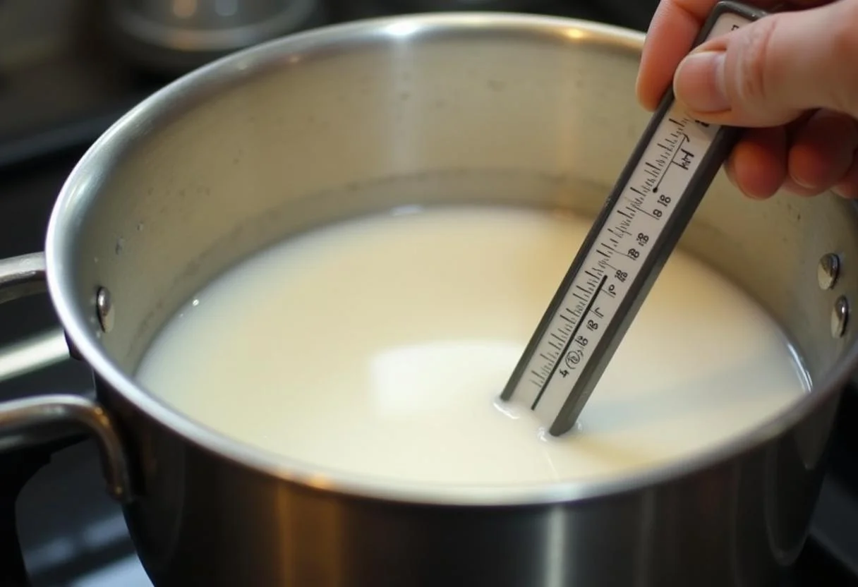 A bowl of fresh milk heated for making queijo tipo quark caseiro cremoso azedinho.