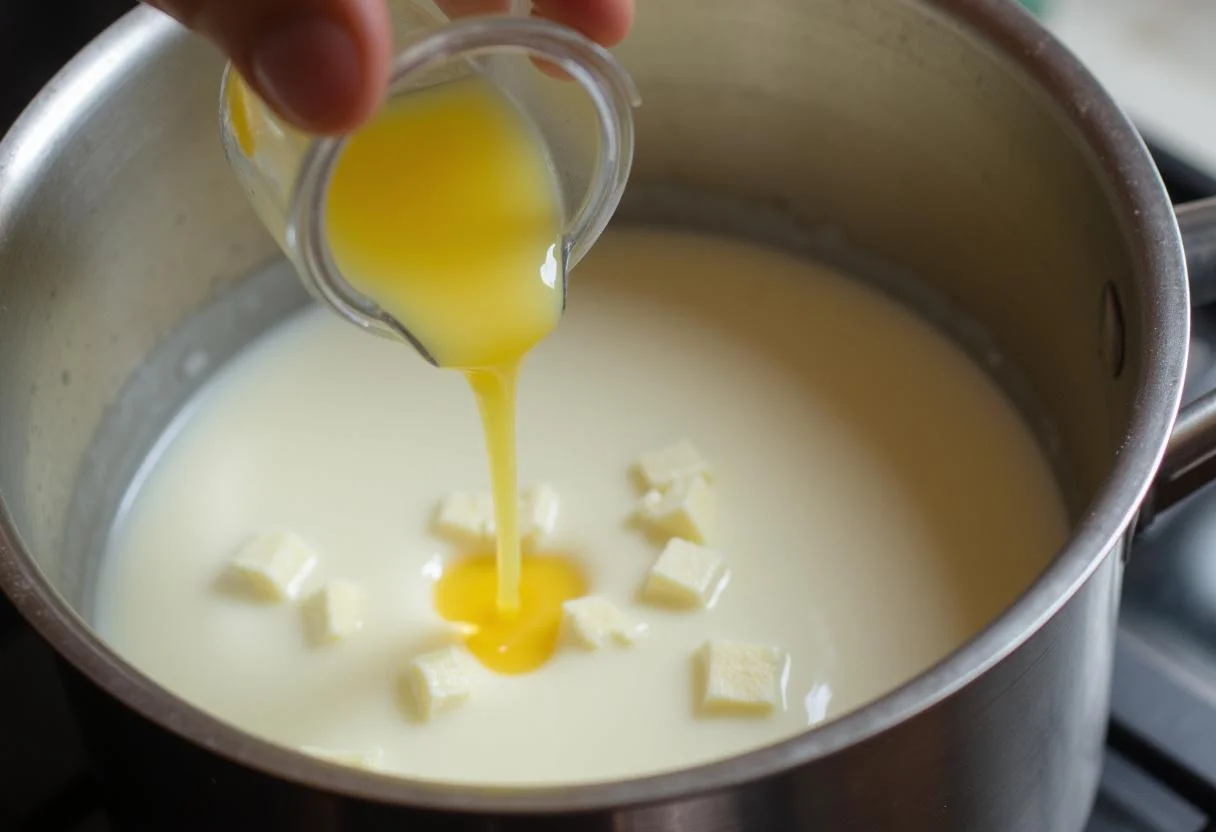 Adding lemon juice to heated milk to create curds for queijo tipo quark.