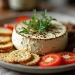 Queijo trufado cremoso artesanal finalizado, servido com crackers e frutas.