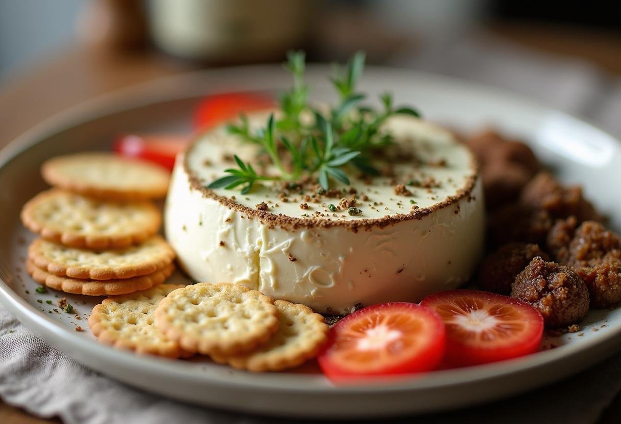 Queijo trufado cremoso artesanal finalizado, servido com crackers e frutas.