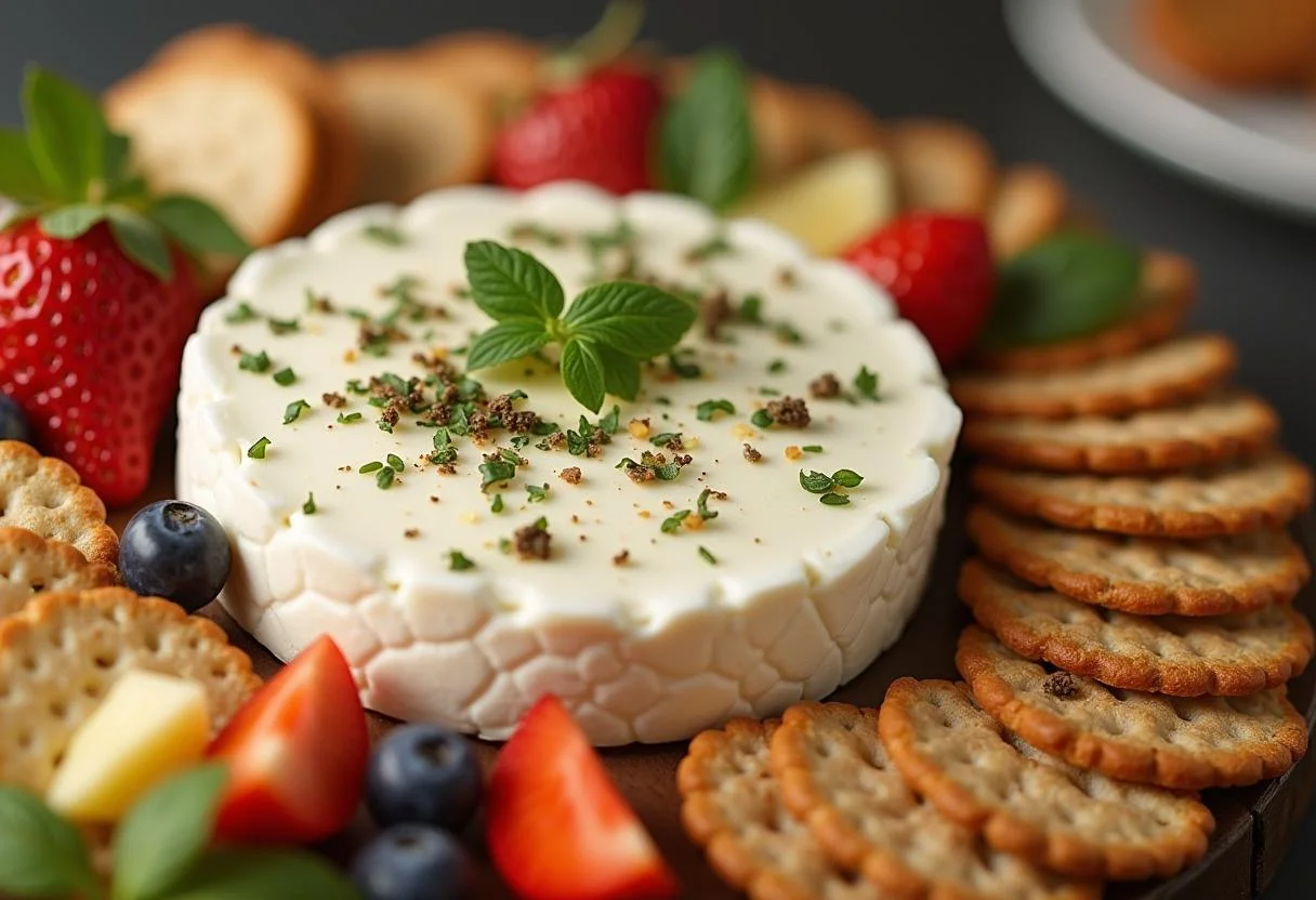 Queijo trufado cremoso artesanal finalizado, servido com crackers e frutas.