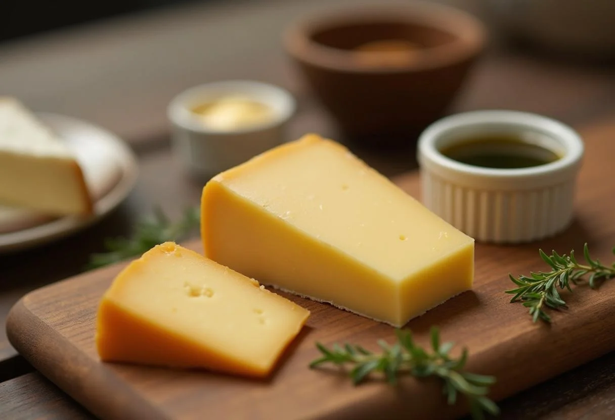 Queijo trufado e seleção de queijos em uma tábua de queijos artesanal.