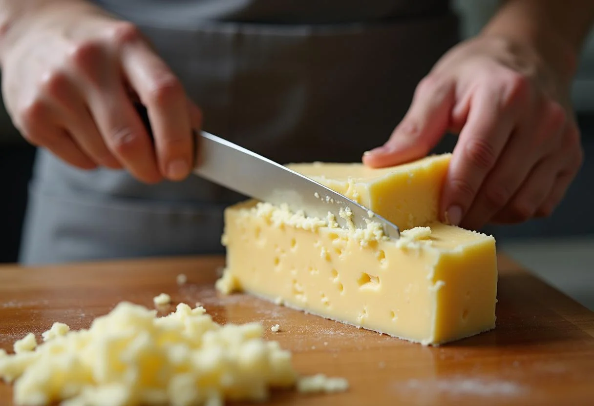 Queijo cremoso sendo fatiado para recheio no preparo do queijo trufado artesanal.