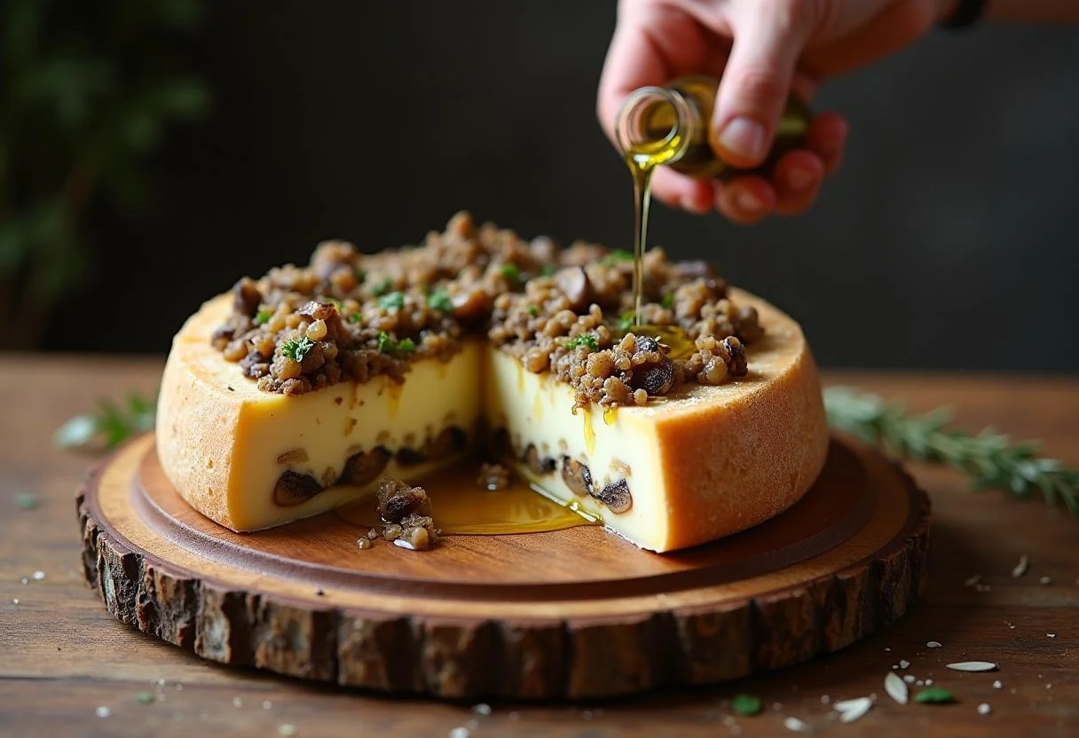 Queijo trufado cremoso recheado, sendo regado com óleo de trufa antes de servir.