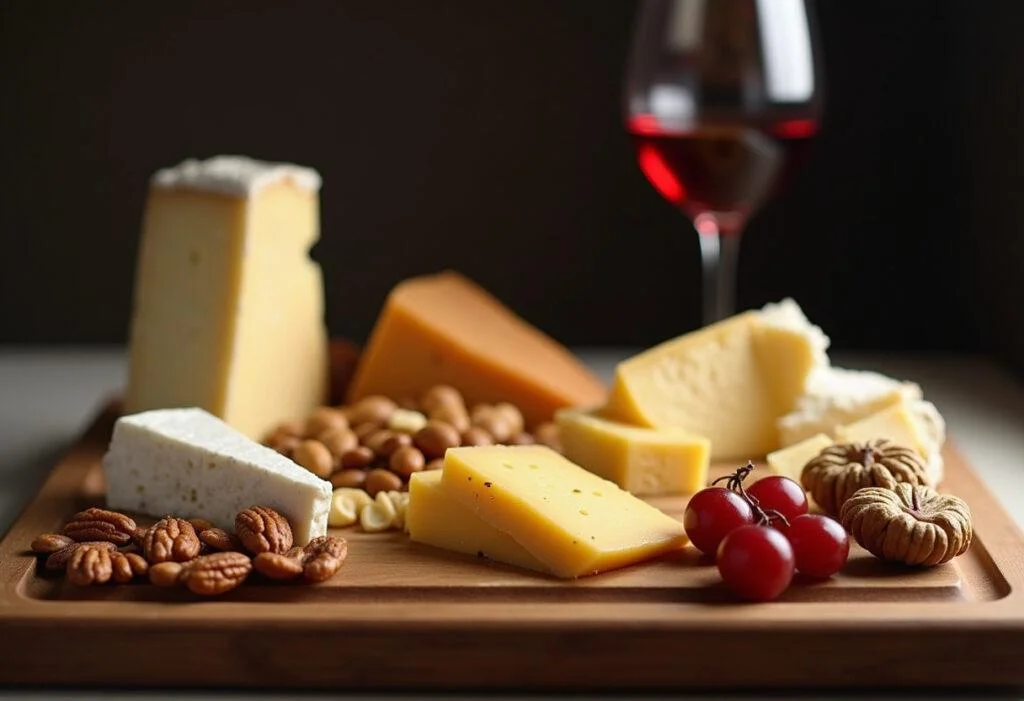 Elegantly presented queijo com vinho decoratively styled for a sophisticated gathering.