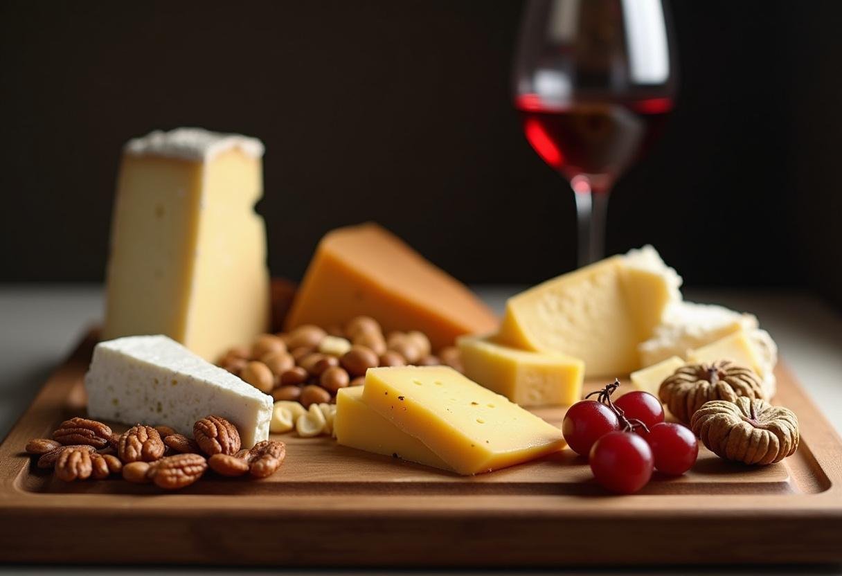 Elegantly presented queijo com vinho decoratively styled for a sophisticated gathering.