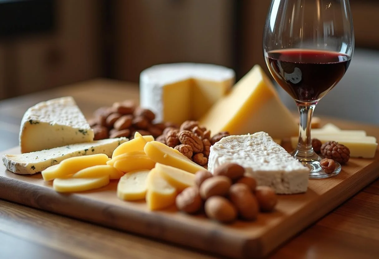 Apresentação elegante de queijo com vinho, decorado para um encontro sofisticado.