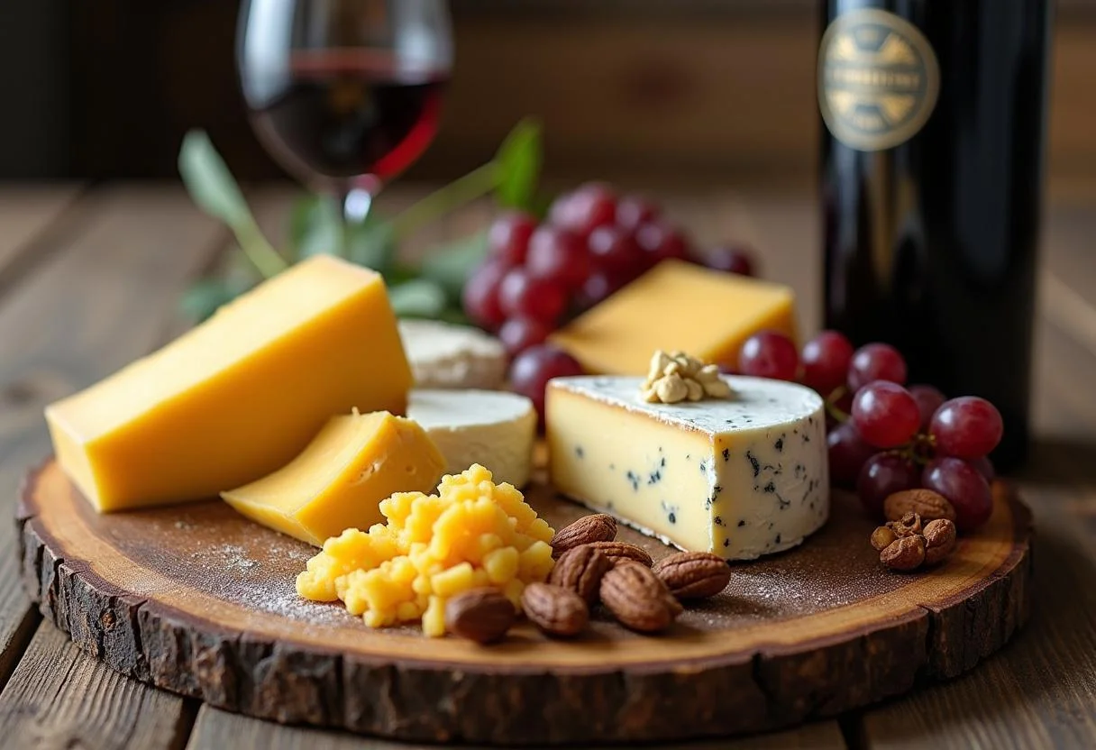 Variedade de queijos dispostos em uma tábua, harmonizados com vinho tinto para uma experiência completa de queijo com vinho.