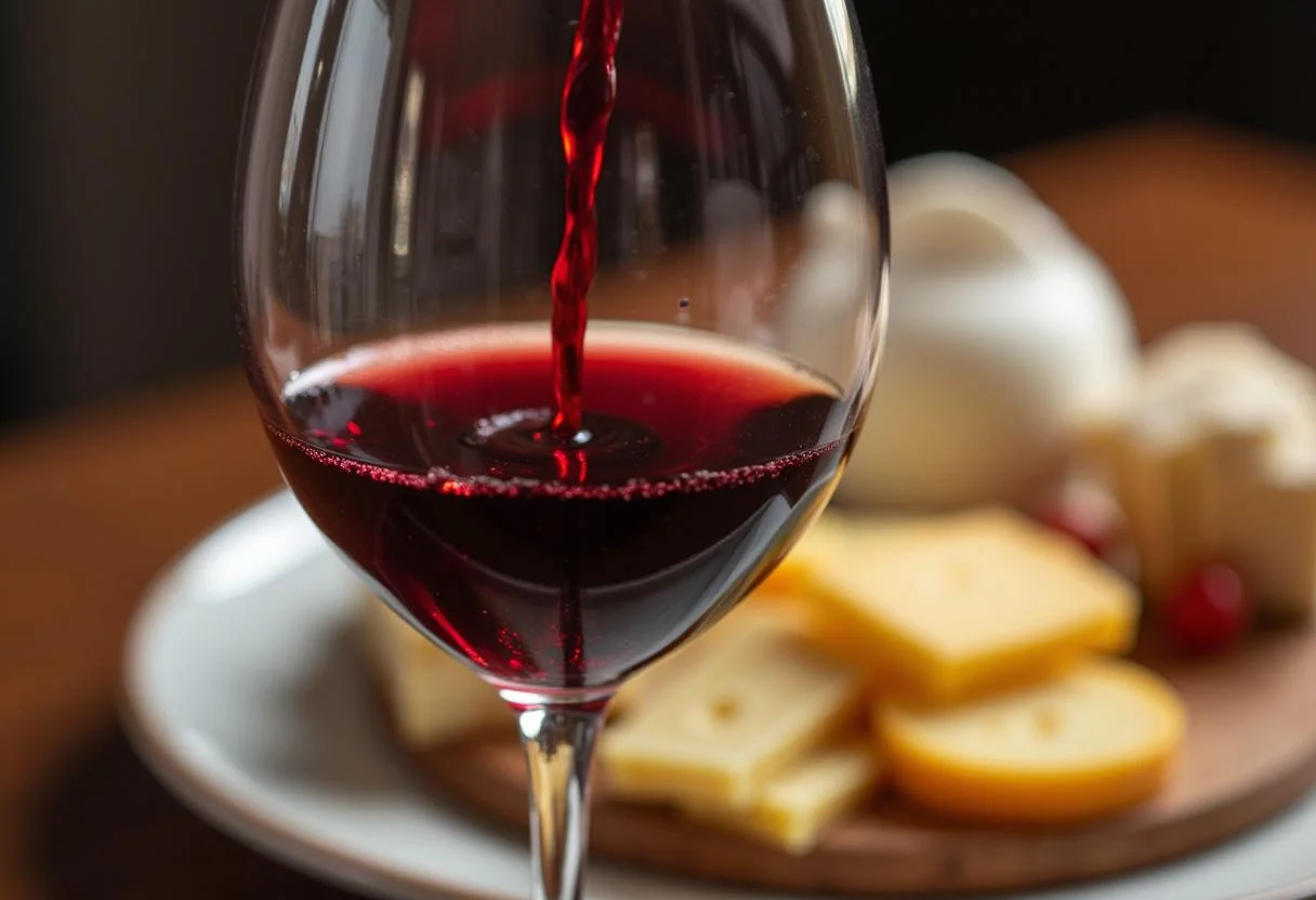 Servindo vinho tinto em uma taça, para harmonização com queijo e vinho.