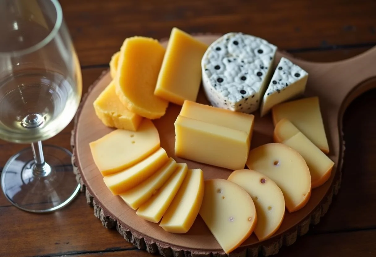 Arranjo de fatias de queijo em uma tábua, para uma perfeita harmonização com vinho e queijo.