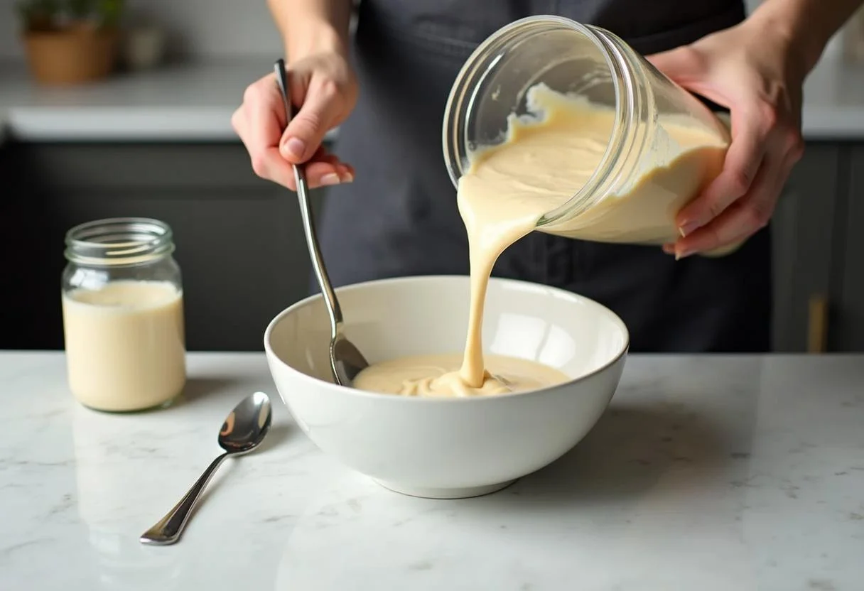 Pouring blended requeijão light into a bowl, perfect for healthy recipes.