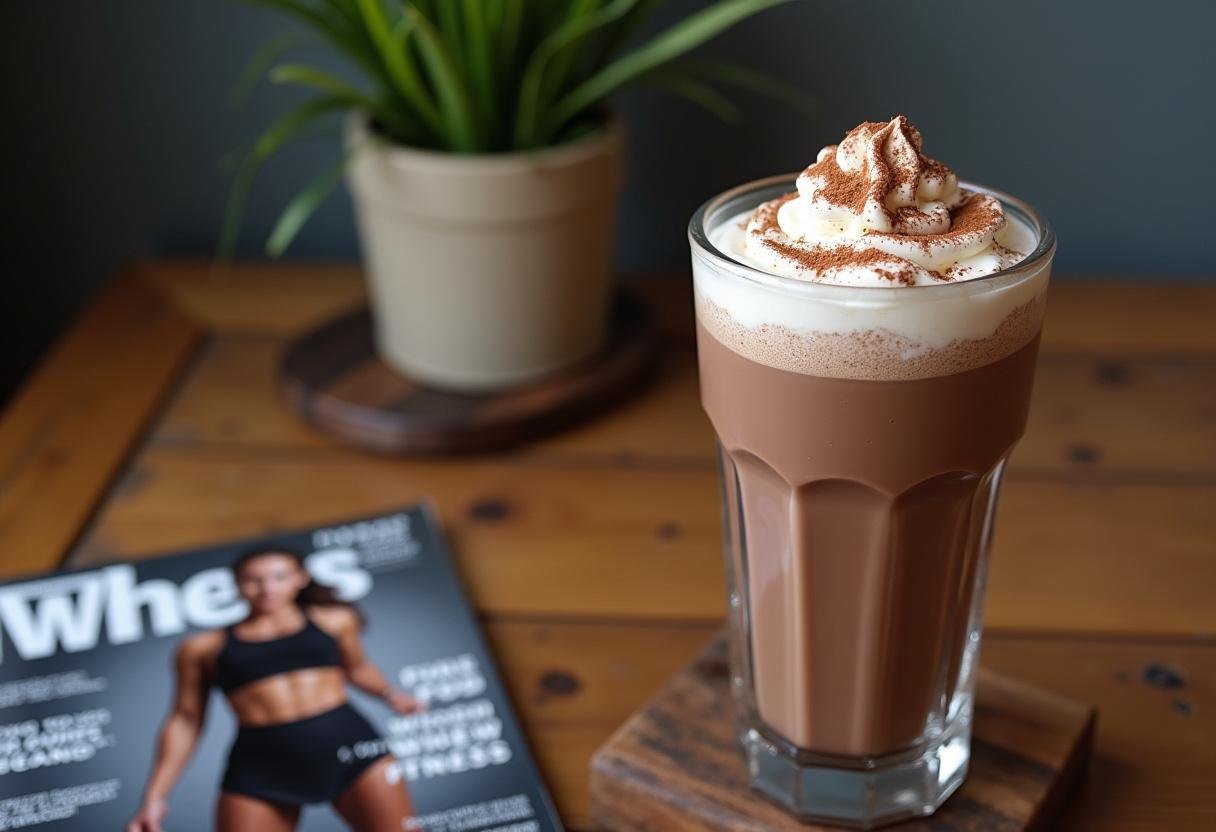 Shake de whey protein chocolate decorado com chantilly, perfeito para bebidas pós-treino.