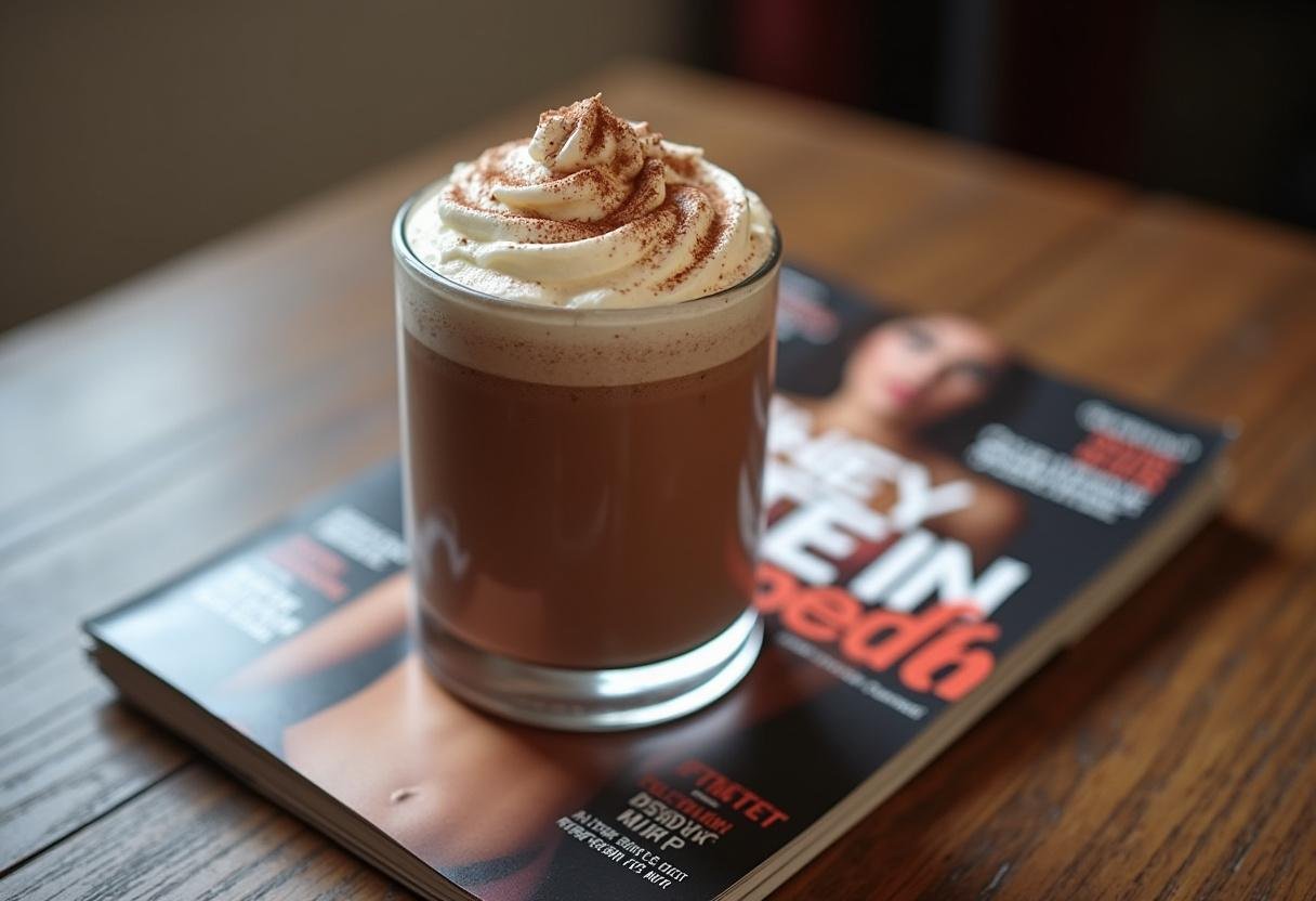 Shake de whey protein chocolate decorado com chantilly, perfeito para bebidas pós-treino.