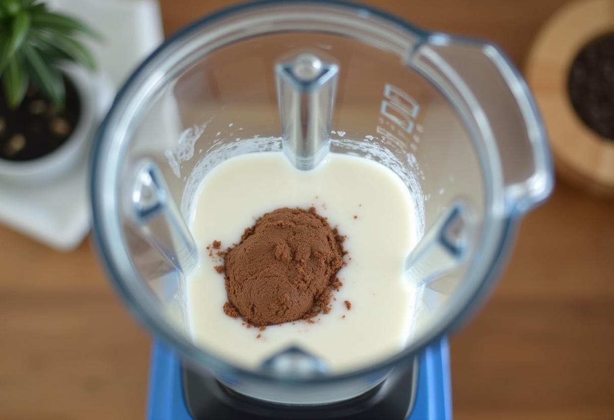 Ingredientes para o shake de whey protein chocolate prontos no liquidificador.