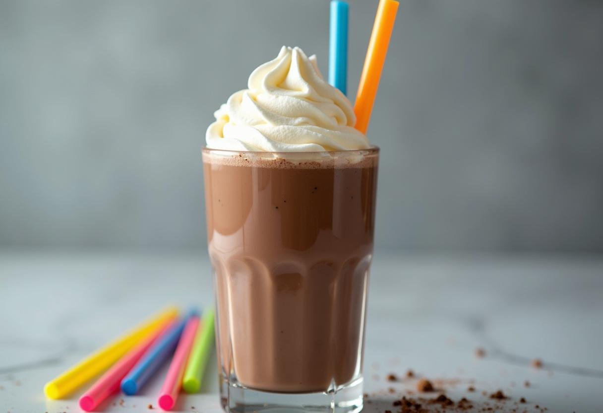 Serve o shake de whey protein chocolate em um copo, pronto para ser decorado.
