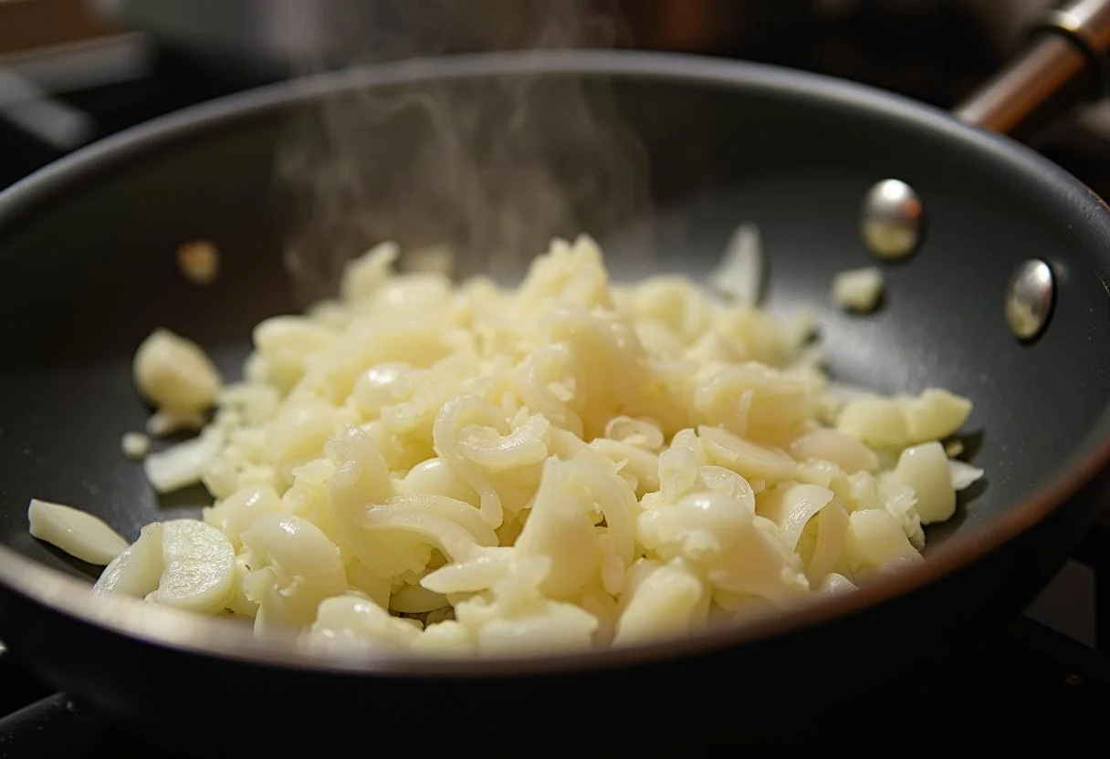 Cebolas e alho sendo refogados para o Strogonoff com Creme de Leite Itambé.