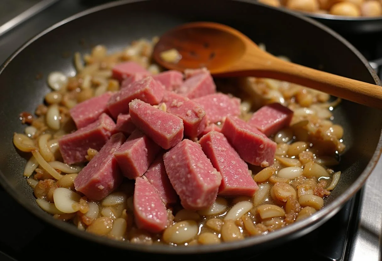 Carne em fatias sendo adicionada ao refogado para o Strogonoff com Creme de Leite de Lata.