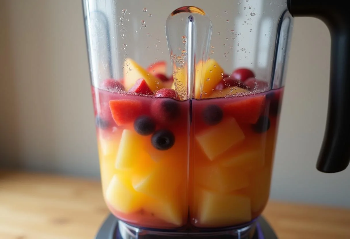 Liquidificando frutas com água para preparar o suco da fruta natural.