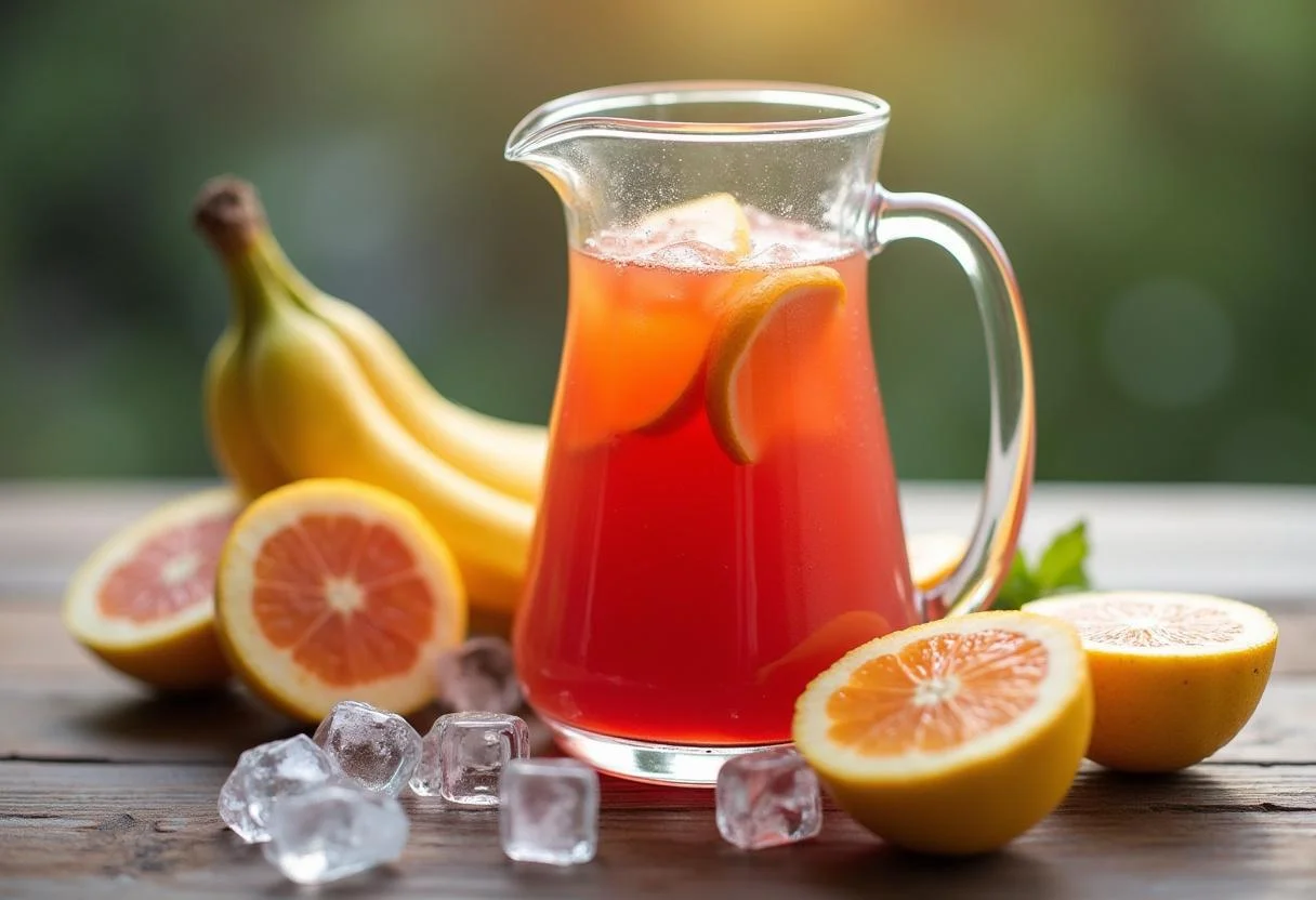Jarra de suco da fruta natural pronta para servir, com frutas frescas.