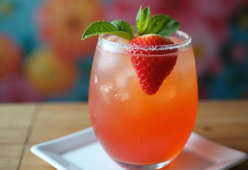 Copo de suco Del Valle lata pronto, decorado com frutas frescas, ideal para refrescos.