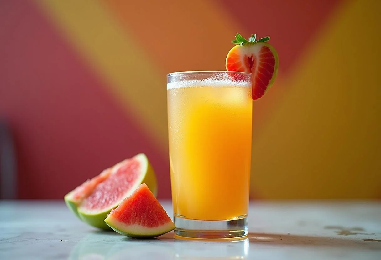 Copo de suco Del Valle lata pronto, decorado com frutas frescas, ideal para refrescos.
