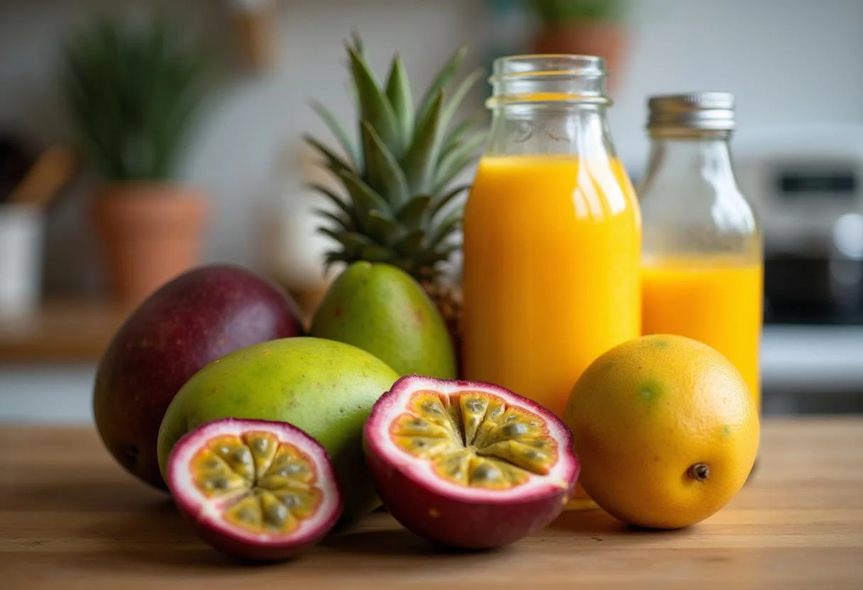 Frutas frescas como maracujá, manga e goiaba preparadas para fazer suco Del Valle lata.