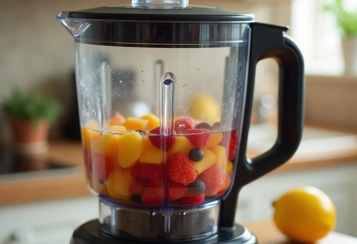 Mistura de frutas frescas no liquidificador para preparar suco Del Valle lata.