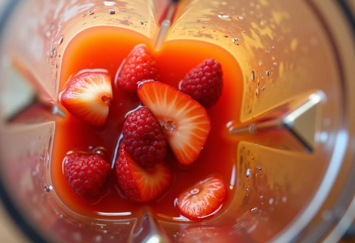 Blender moendo frutas até virar um néctar para suco Del Valle lata.